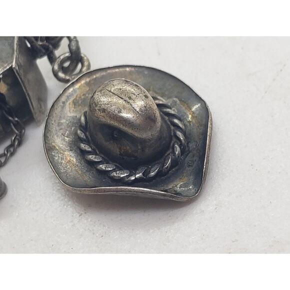 Vintage Sterling Silver Charm Bracelet Cowboy Nautical Scissors Ring Hat 7in - Picture 9 of 16